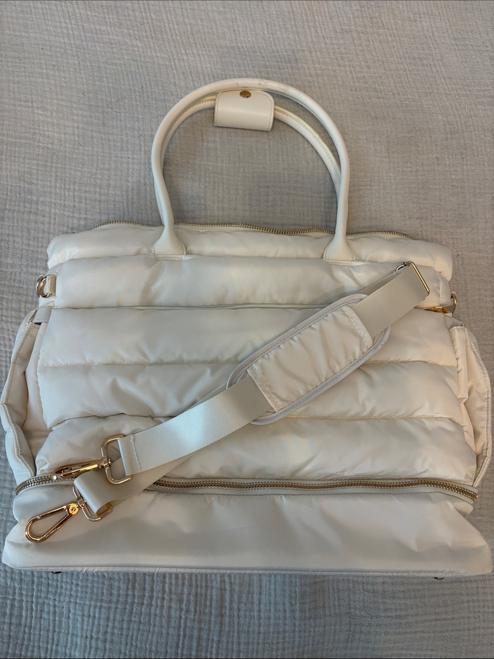 White Quilted Puffer Tote Bag with Detachable Strap
